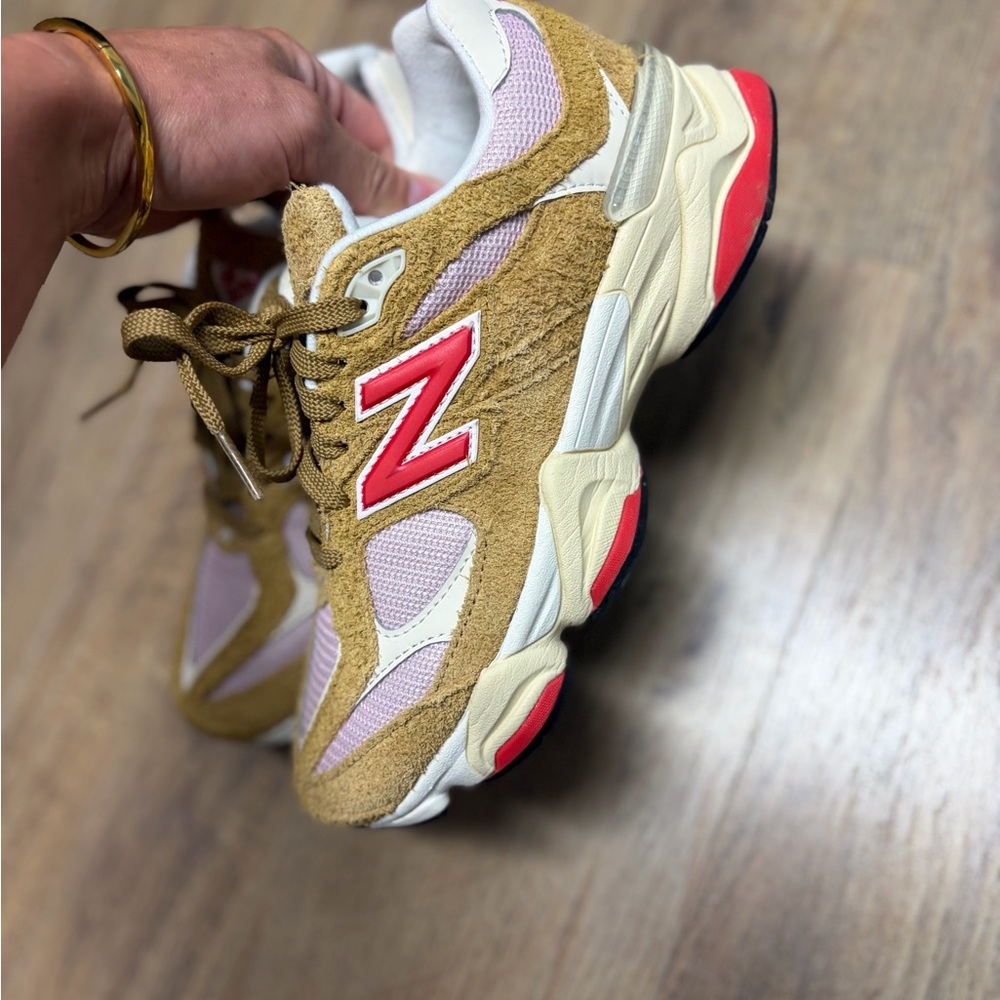 New Balance Women's Tan Suede & Pink Mesh Sneakers with Red Accents